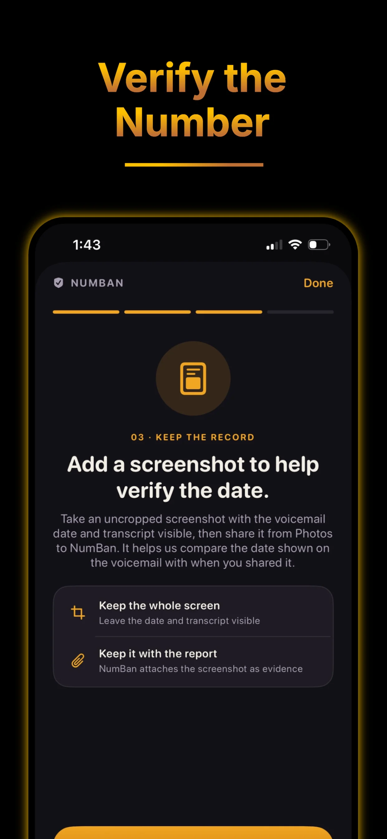 NumBan asking for an uncropped voicemail screenshot to verify the date